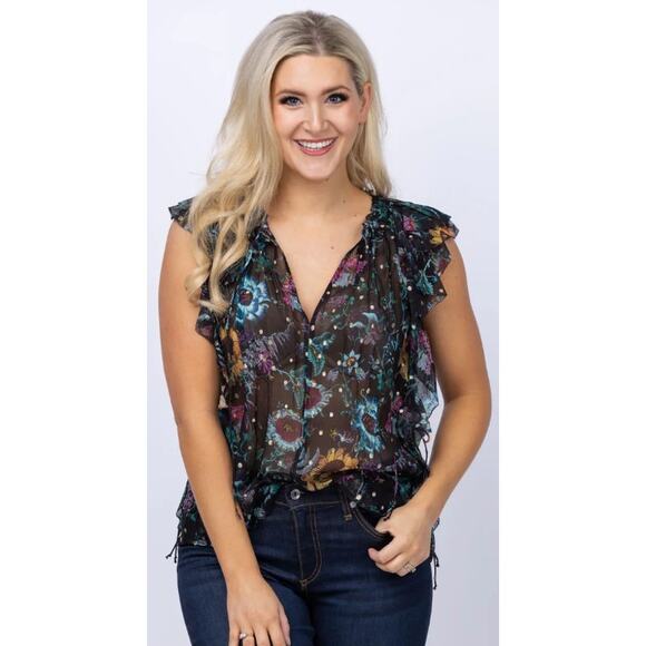 NWT $370 Ulla Johnson Dominique Top in Black Iris Floral Sheer Silk Womens 0
